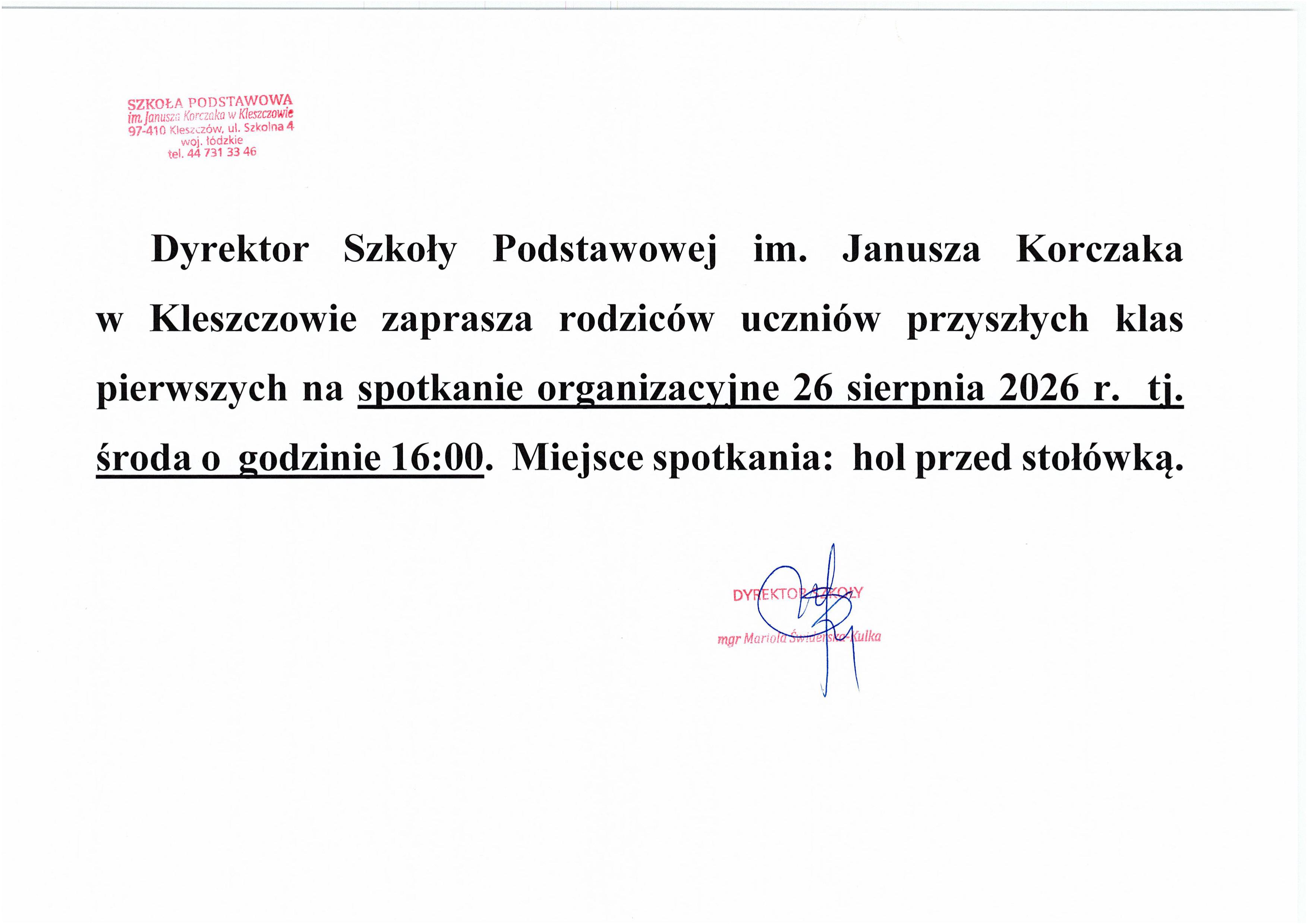 Informacja dla rodziców pierwszoklasistów dotycząca spotkania organizacyjnego w szkole