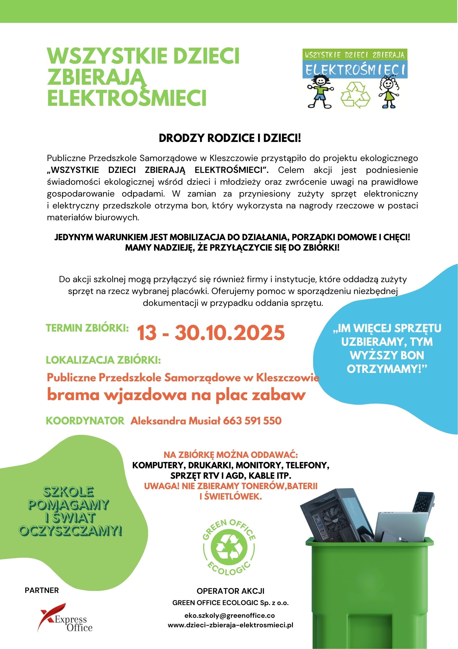 Plakat promujący akcję zbierania elektrośmieci 13-30.10.2025