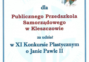 Dyplom dla Publicznego Przedszkola Samorządowego w Kleszczowie