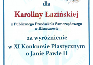 Dyplom dla Karoliny Łazińskiej - wyróżnienie