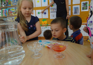 Dzieci patrzą jak woda zmieniła barwę na pomarańczowy