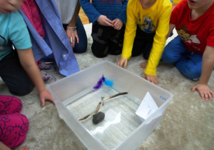 Dzieci obserwują przedmioty w pojemniku z wodą