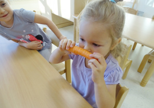 Anielka siedzi przy stoliku, trzyma w dwóch rękach marchewkę i wącha ją.