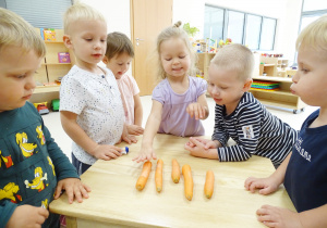 Dzieci stoją wokół stolika, na którym leży 5 marchewek i liczą je.