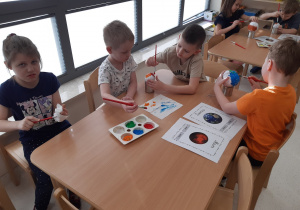 Dzieci malują model Ziemi i Marsa