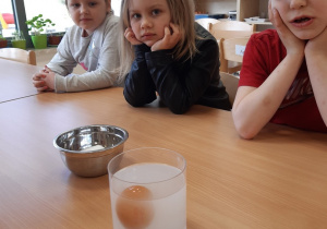 Dzieci obserwują jajko w pojemniku ze słoną wodą, jako się unosi