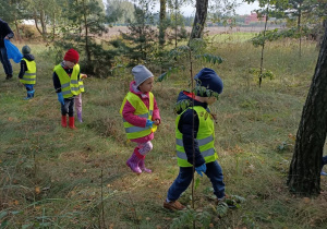 Dzieci spacerują po lesie i szukają śmieci.