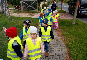 Dzieci idą parami chodnikiem.