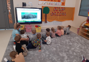 Dzieci oglądają prezentację dotyczącą lasów