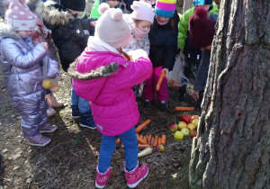 13 Dzieci składają owoce i warzywa przy paśniku