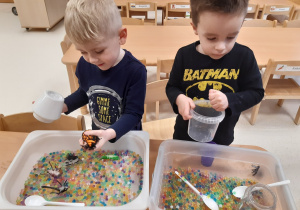 Chłopcy szukają owadów ukrytych w hydrożelu