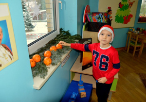 Chłopiec układa pomarańcze na gałązkach