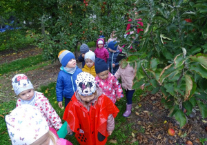 Dzieci chowają sie za jabłonkami.