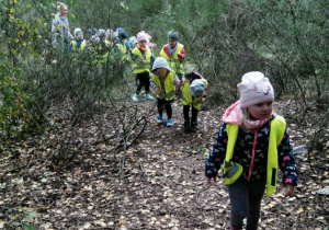 dzieci idą w parach przez las