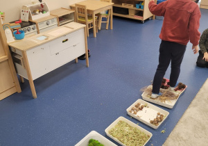 Dzieci idą boso po ścieżce sensorycznej ułożonej z darów jesieni