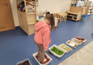 Dzieci idą boso po ścieżce sensorycznej ułożonej z darów jesieni