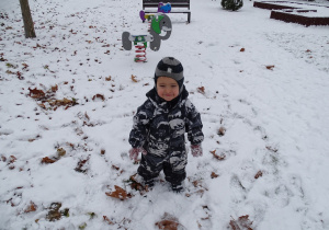 chłopiec bawi się na śniegu