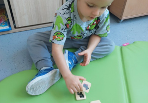 Chłopiec dobiera obrazki parami