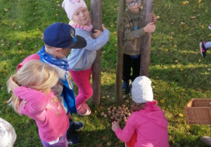 Dzieci dokarmiają wiewiórki.
