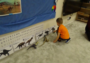 Chłopiec dopasowuje sylwetę dinozaura do obrazka.