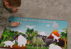 Chłopiec dopasowuje sylwetę dinozaura do konturu.