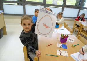 Chłopiec pokazuje rysunek swojego dinozaura.