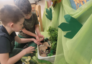 Chłopcy bawią się piaskiem i dinozaurami