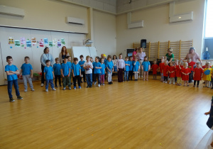 dzieci siedzą na sali gimnastycznej