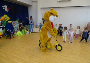 Zając jedzie na hulajnodze