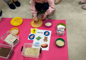 Dziewczynka ogląda i nazywa widziane produkty